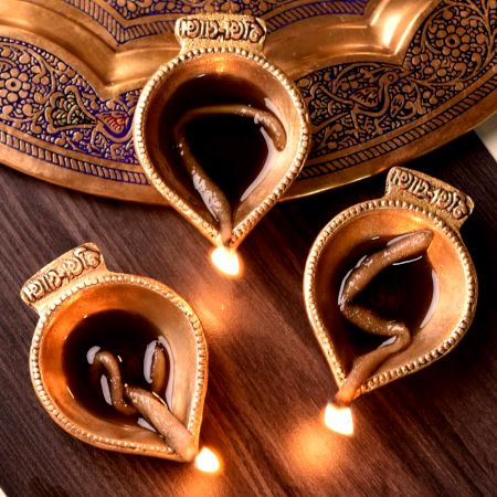 3 Pieces Shubh Labh Aum Brass Oil Lamp